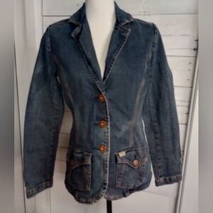 Levi’s Strauss Womens Denim Blazer Jacket Small Blue Jean Jacket Fitted 3 Button